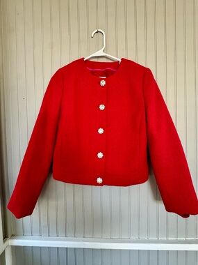 J. Crew Red Boxy Jacket with Rhinestone Floral Buttons Holiday